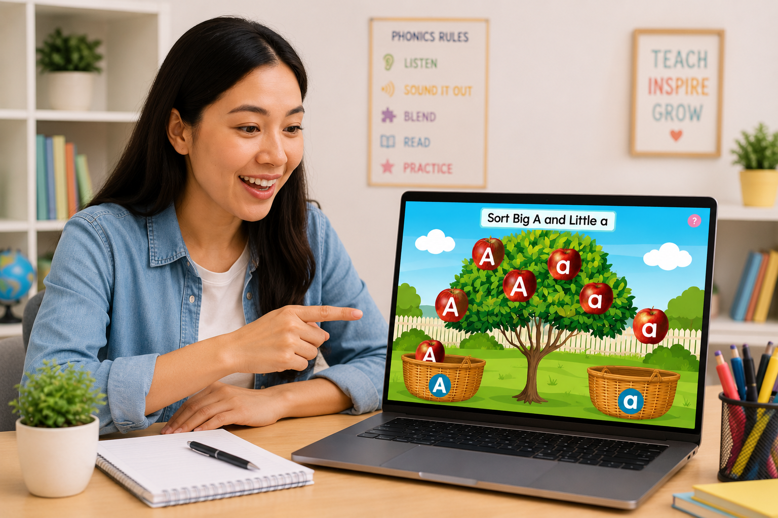 Woman smiling at a laptop displaying an educational game with an apple tree and baskets labeled with A and a; she’s pointing at the screen on a classroom-style desk.