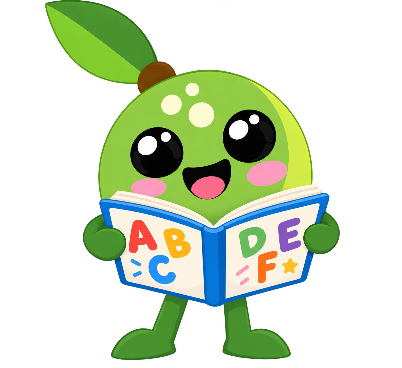 Pip the pea mascot holding a phonics book