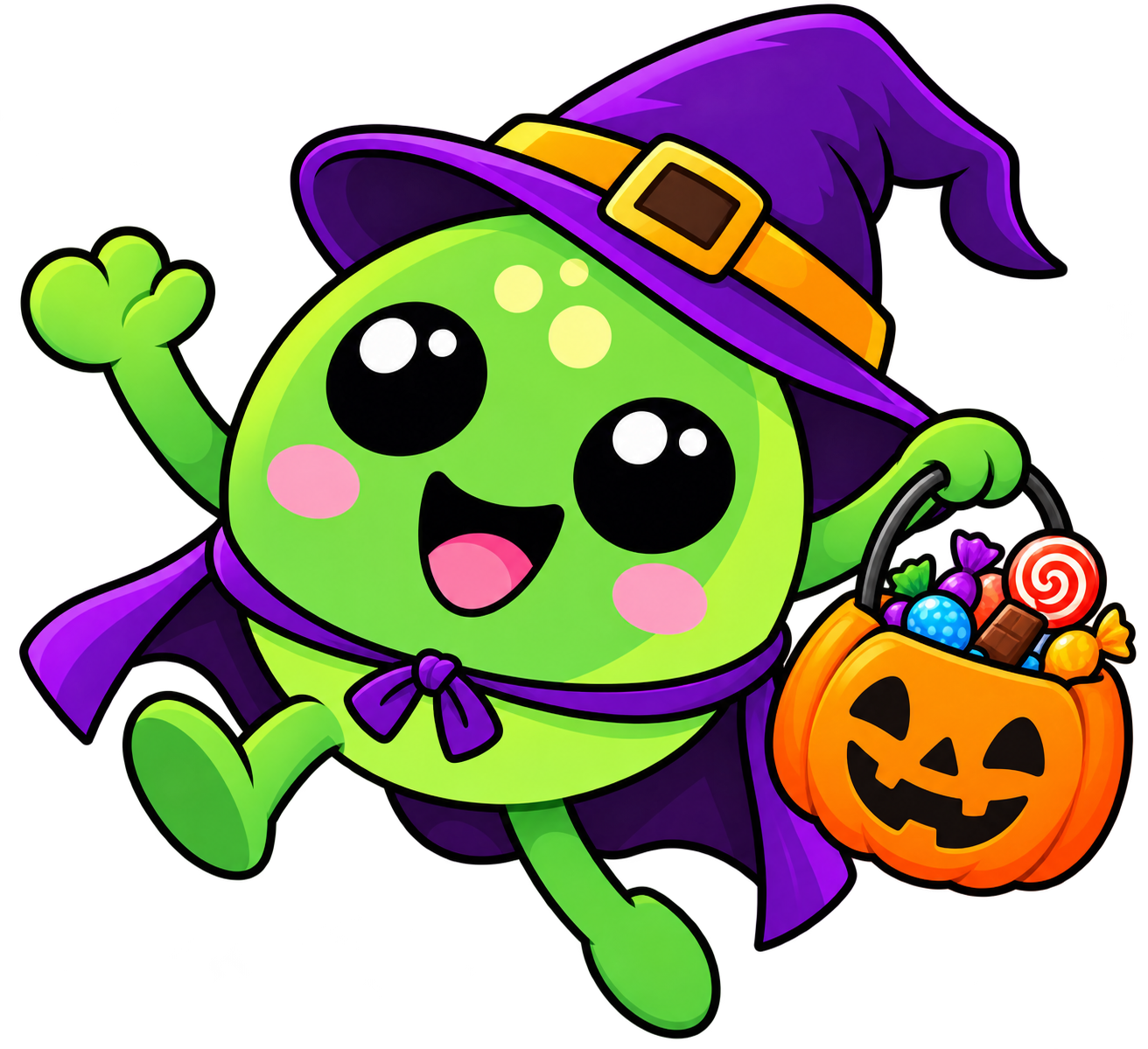 Pip the pea dressed as a witch with a pumpkin candy bucket