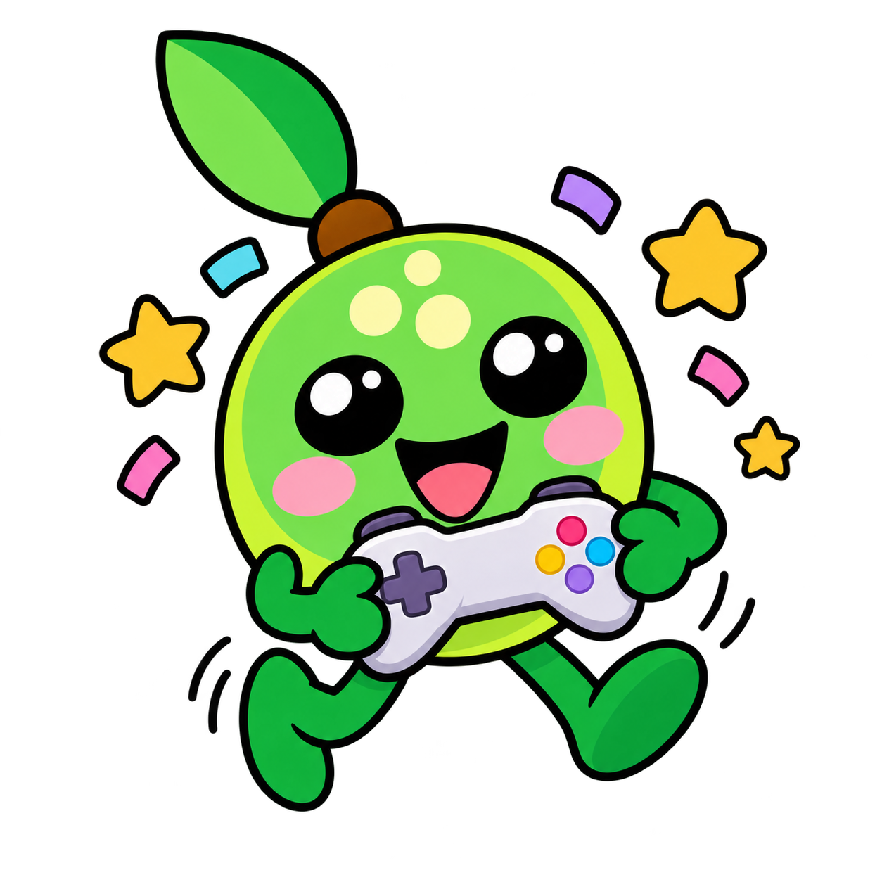 Pip the pea mascot cheering with a game controller