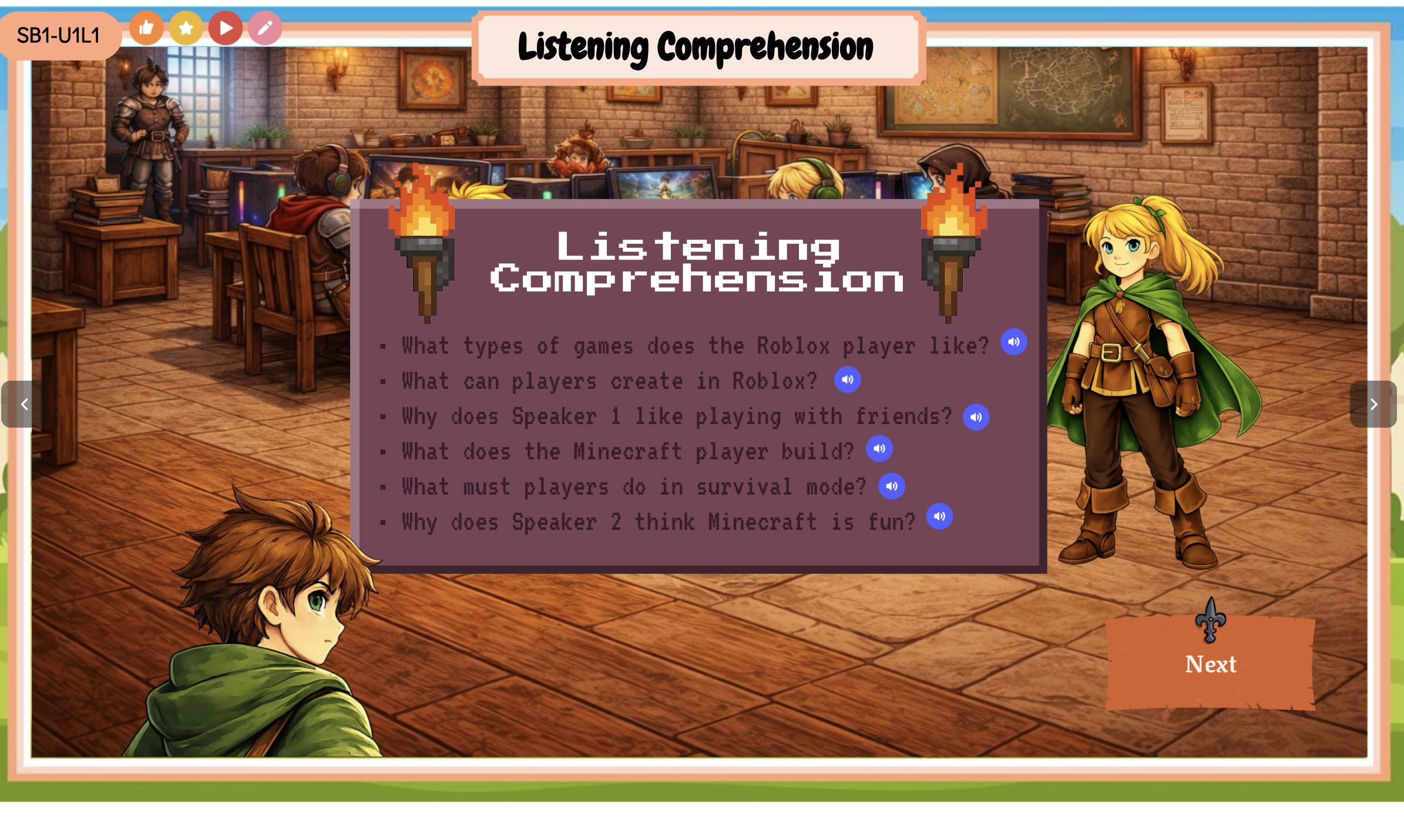 Listening questions slide with audio from a B1-B2 ESL speaking lesson